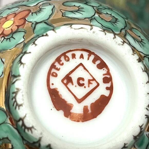Vintage A.C.F. Mid Century Japanese Porcelain Tea Set Green Floral Gold Enamel - Picture 2 of 16